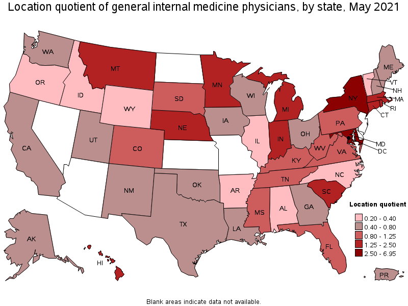 Map of location quotient of general internal medicine physicians by state, May 2021