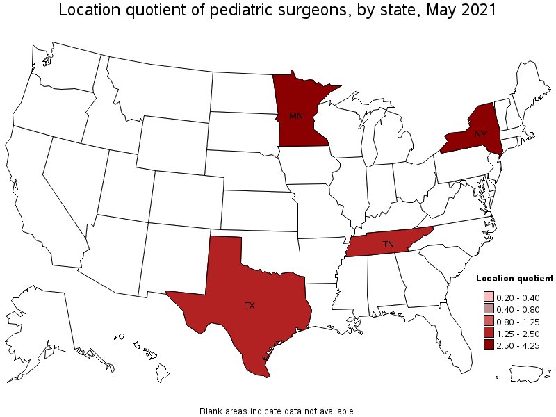 Map of location quotient of pediatric surgeons by state, May 2021