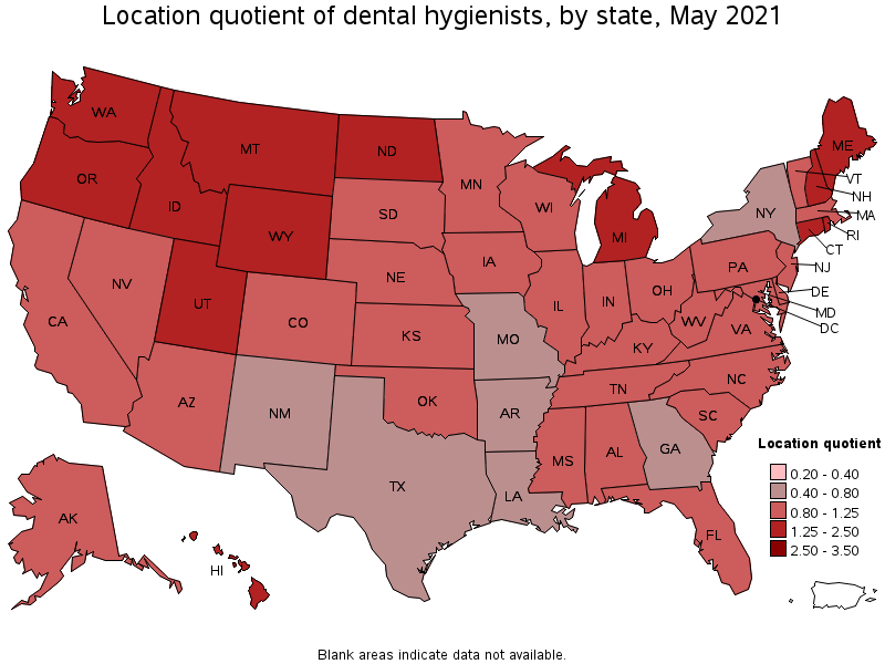 Map of location quotient of dental hygienists by state, May 2021