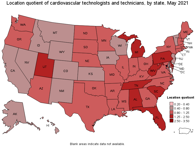 Map of location quotient of cardiovascular technologists and technicians by state, May 2021