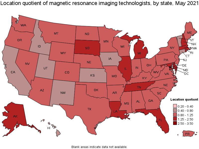 Map of location quotient of magnetic resonance imaging technologists by state, May 2021