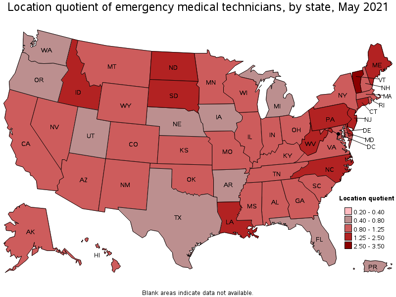 Map of location quotient of emergency medical technicians by state, May 2021