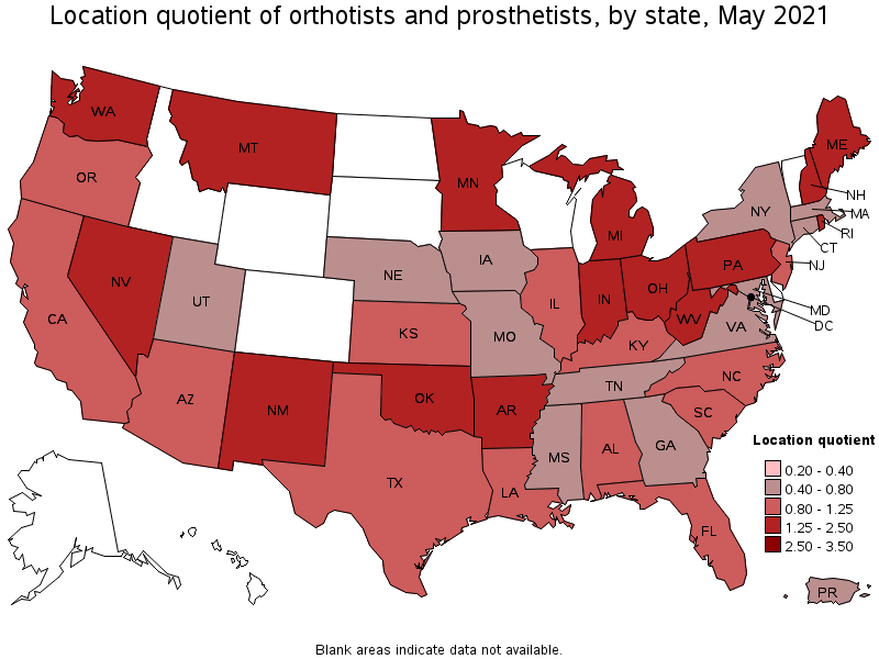 Map of location quotient of orthotists and prosthetists by state, May 2021