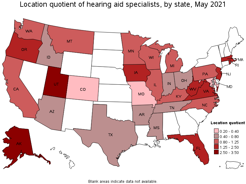 Map of location quotient of hearing aid specialists by state, May 2021