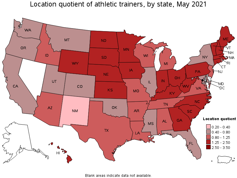 Map of location quotient of athletic trainers by state, May 2021