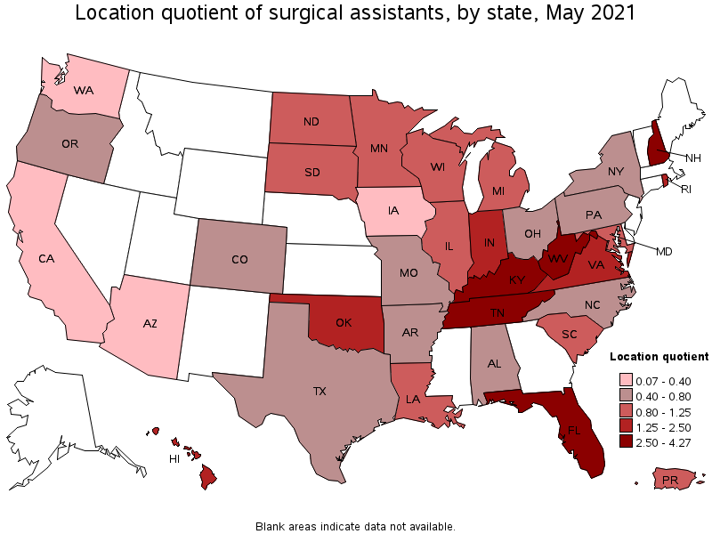Map of location quotient of surgical assistants by state, May 2021