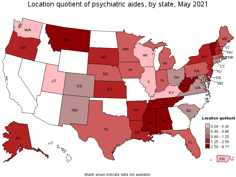 Map of location quotient of psychiatric aides by state, May 2021