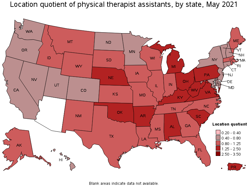 Map of location quotient of physical therapist assistants by state, May 2021
