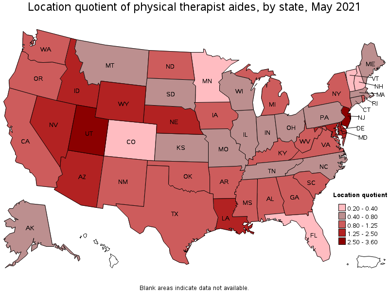 Map of location quotient of physical therapist aides by state, May 2021