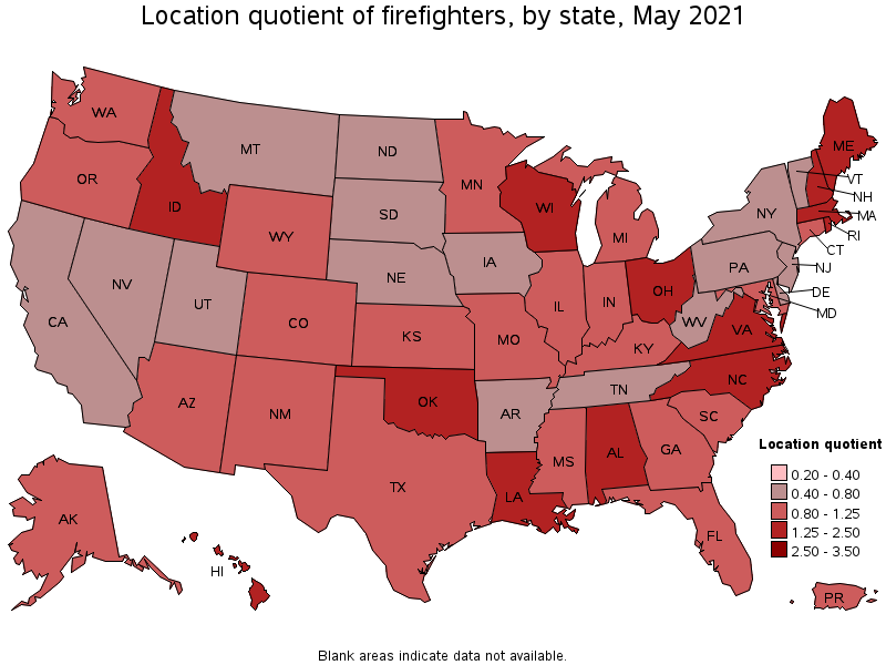 Map of location quotient of firefighters by state, May 2021