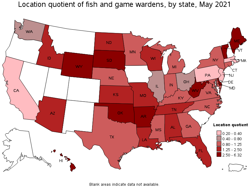 Map of location quotient of fish and game wardens by state, May 2021