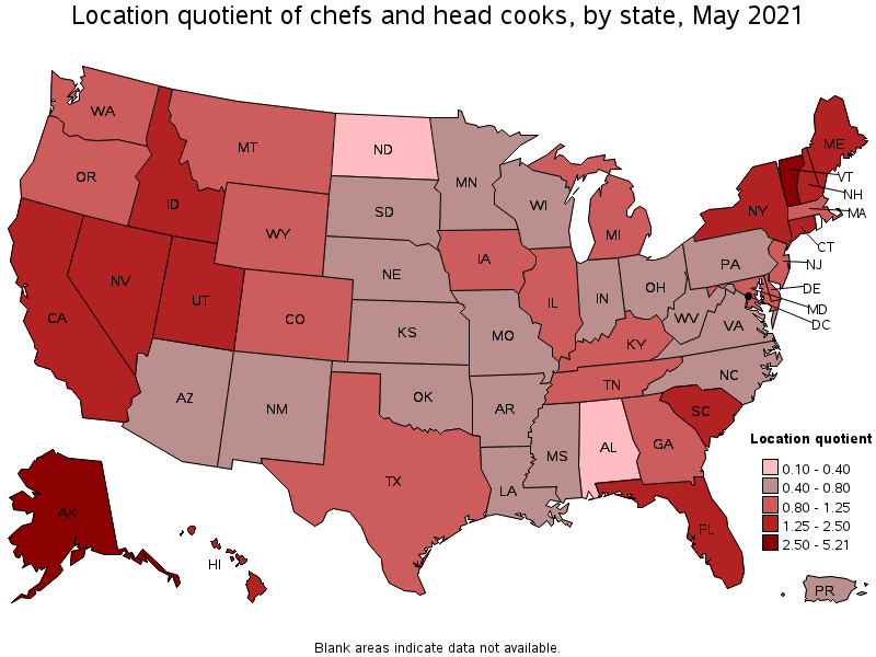 Map of location quotient of chefs and head cooks by state, May 2021