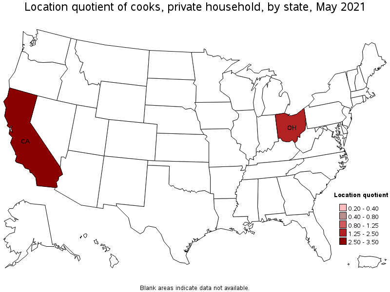 Map of location quotient of cooks, private household by state, May 2021