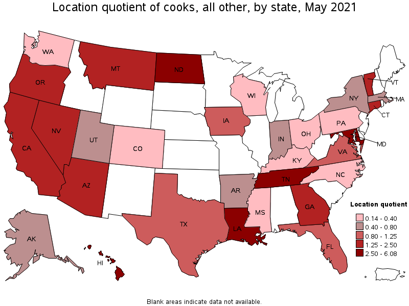 Map of location quotient of cooks, all other by state, May 2021