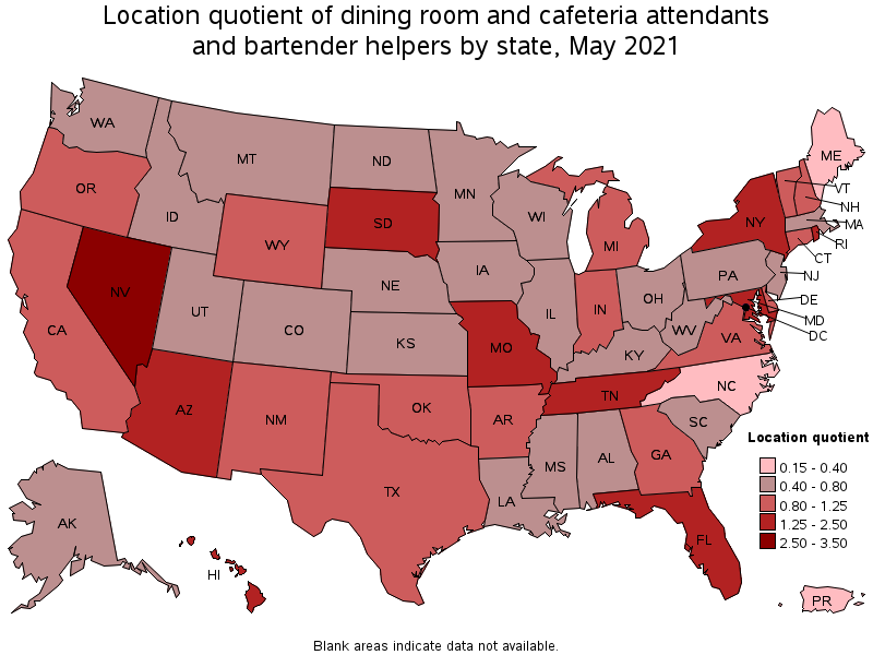 Map of location quotient of dining room and cafeteria attendants and bartender helpers by state, May 2021