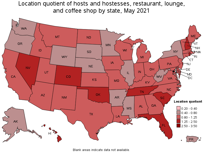 Map of location quotient of hosts and hostesses, restaurant, lounge, and coffee shop by state, May 2021