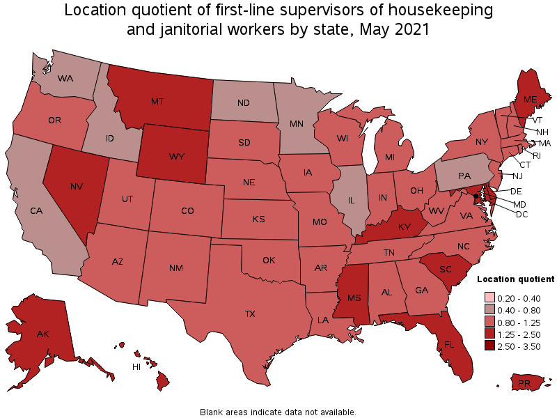 Map of location quotient of first-line supervisors of housekeeping and janitorial workers by state, May 2021