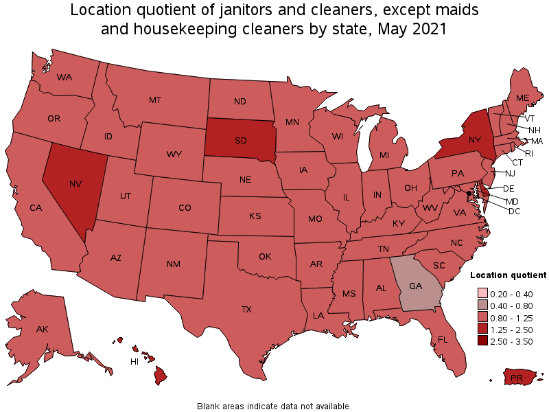 Map of location quotient of janitors and cleaners, except maids and housekeeping cleaners by state, May 2021