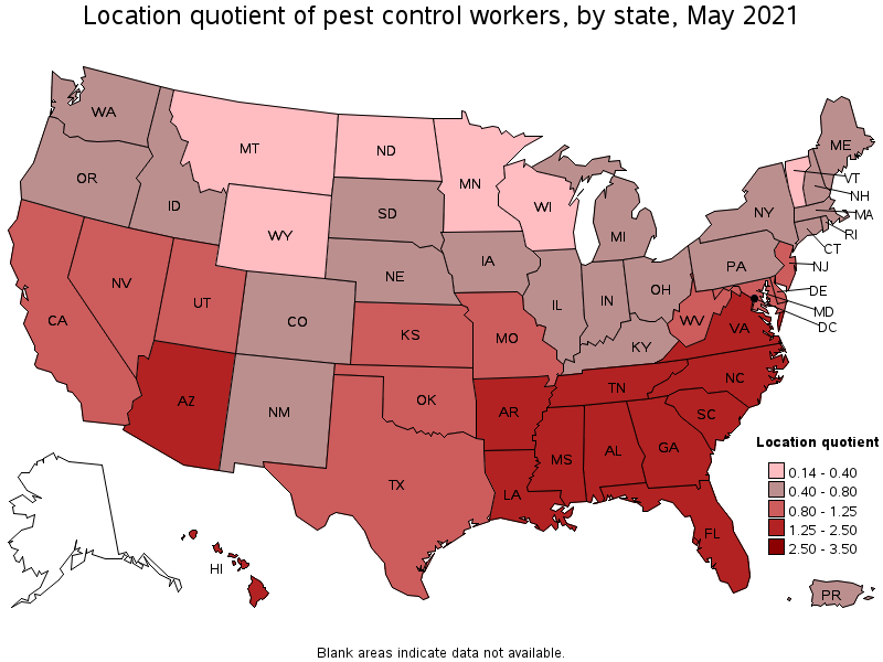 Map of location quotient of pest control workers by state, May 2021