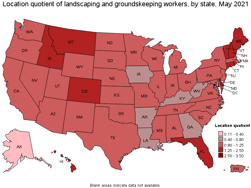 Map of location quotient of landscaping and groundskeeping workers by state, May 2021