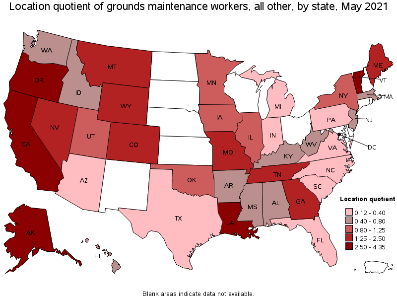 Map of location quotient of grounds maintenance workers, all other by state, May 2021