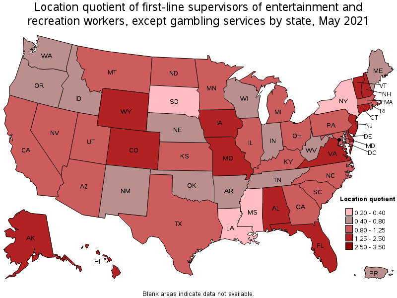 Map of location quotient of first-line supervisors of entertainment and recreation workers, except gambling services by state, May 2021