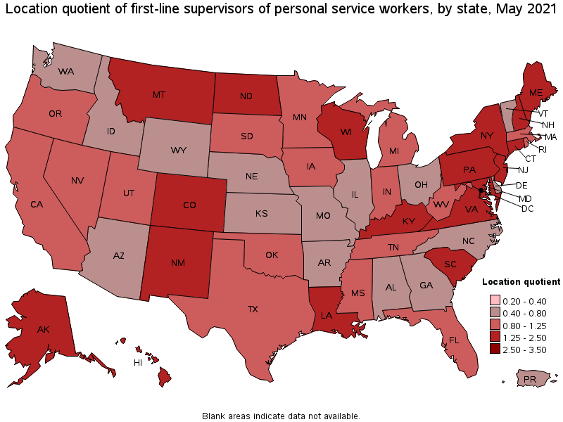 Map of location quotient of first-line supervisors of personal service workers by state, May 2021