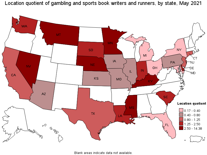 Map of location quotient of gambling and sports book writers and runners by state, May 2021