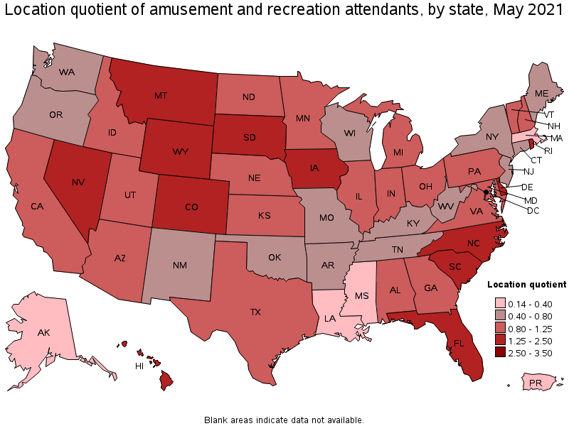 Map of location quotient of amusement and recreation attendants by state, May 2021