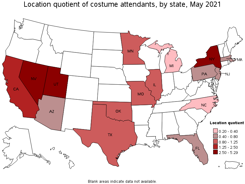 Map of location quotient of costume attendants by state, May 2021