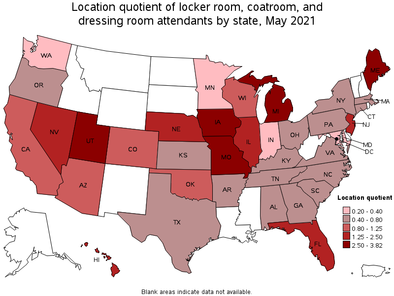 Map of location quotient of locker room, coatroom, and dressing room attendants by state, May 2021