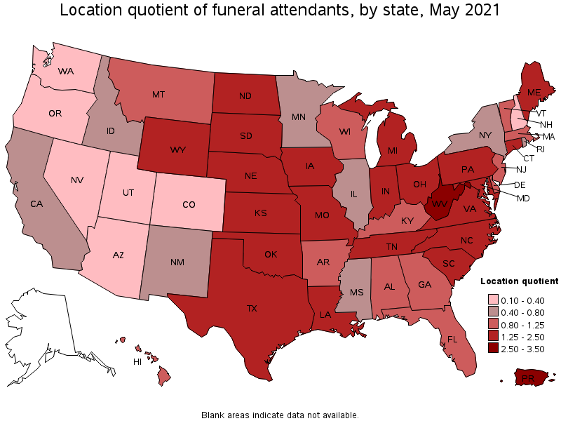 Map of location quotient of funeral attendants by state, May 2021