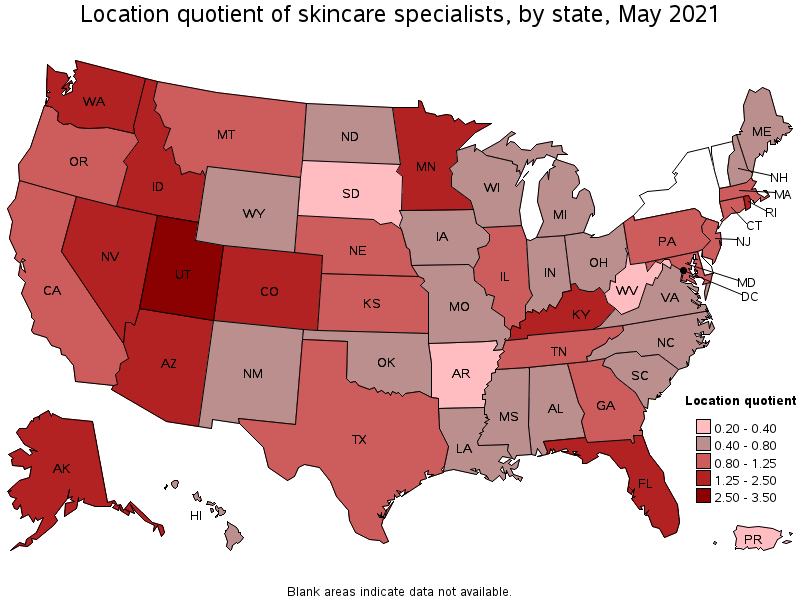 Map of location quotient of skincare specialists by state, May 2021