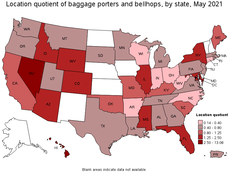 Map of location quotient of baggage porters and bellhops by state, May 2021