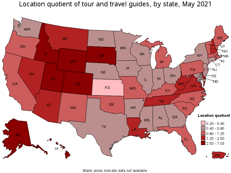 Map of location quotient of tour and travel guides by state, May 2021
