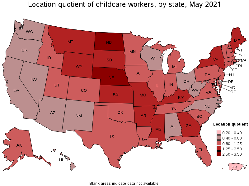 Map of location quotient of childcare workers by state, May 2021