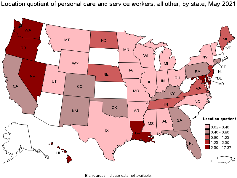 Map of location quotient of personal care and service workers, all other by state, May 2021