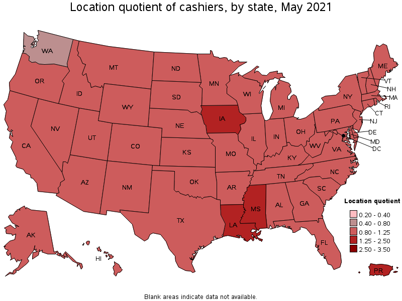 Map of location quotient of cashiers by state, May 2021