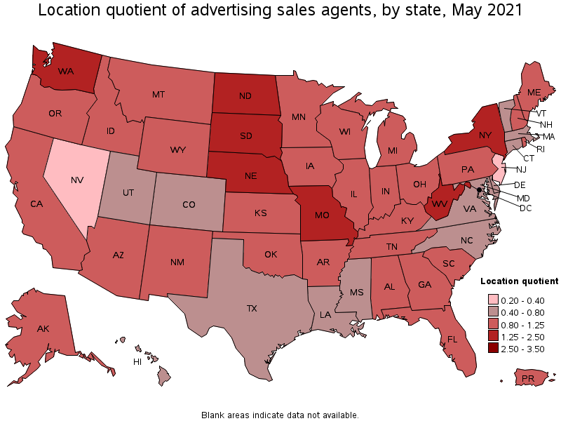 Map of location quotient of advertising sales agents by state, May 2021