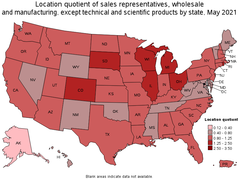 Map of location quotient of sales representatives, wholesale and manufacturing, except technical and scientific products by state, May 2021