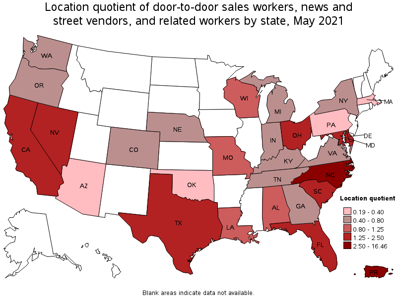 Map of location quotient of door-to-door sales workers, news and street vendors, and related workers by state, May 2021