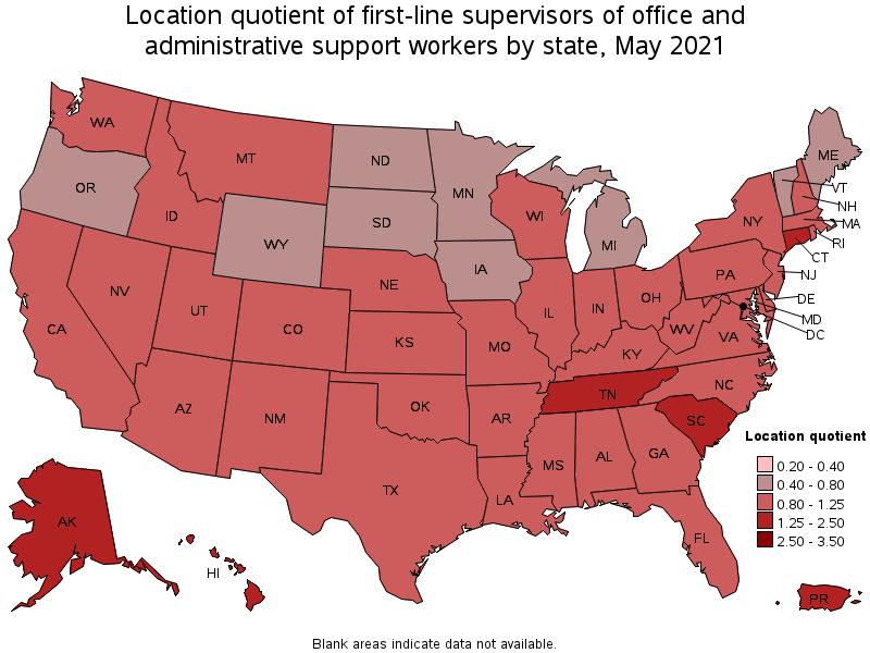 Map of location quotient of first-line supervisors of office and administrative support workers by state, May 2021