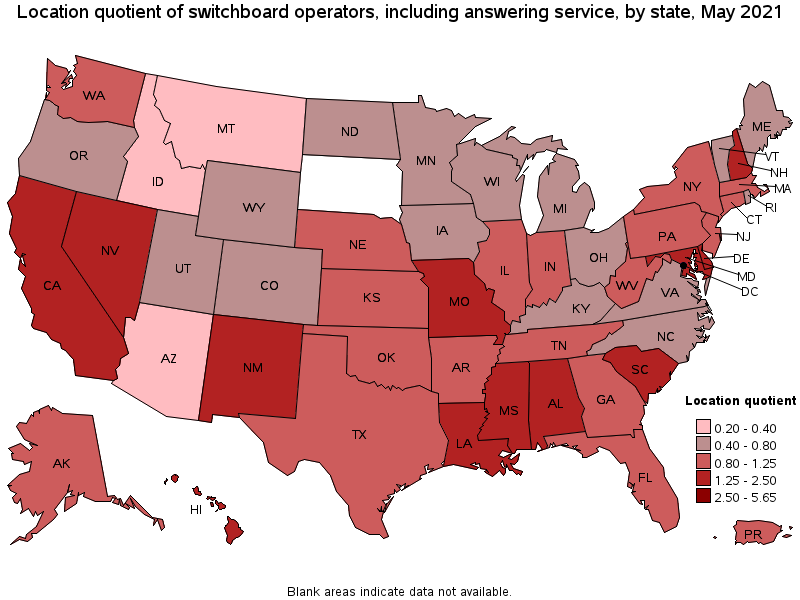 Map of location quotient of switchboard operators, including answering service by state, May 2021