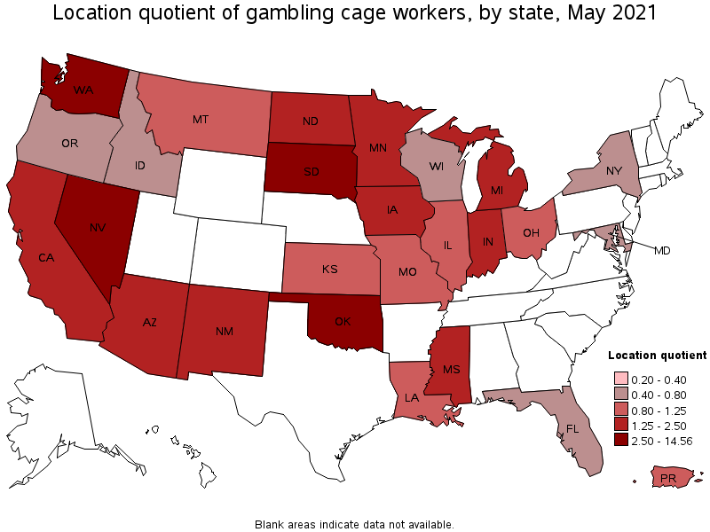 Map of location quotient of gambling cage workers by state, May 2021