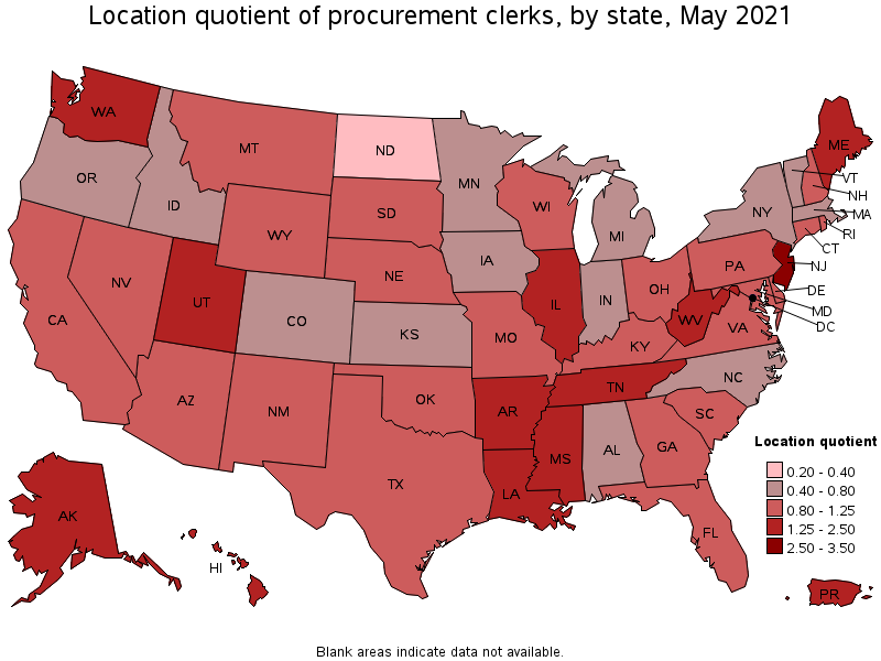 Map of location quotient of procurement clerks by state, May 2021