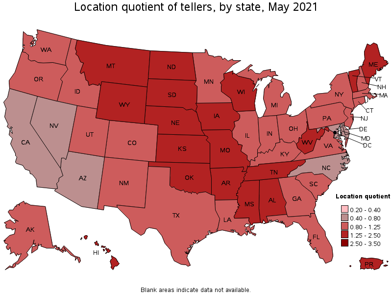 Map of location quotient of tellers by state, May 2021