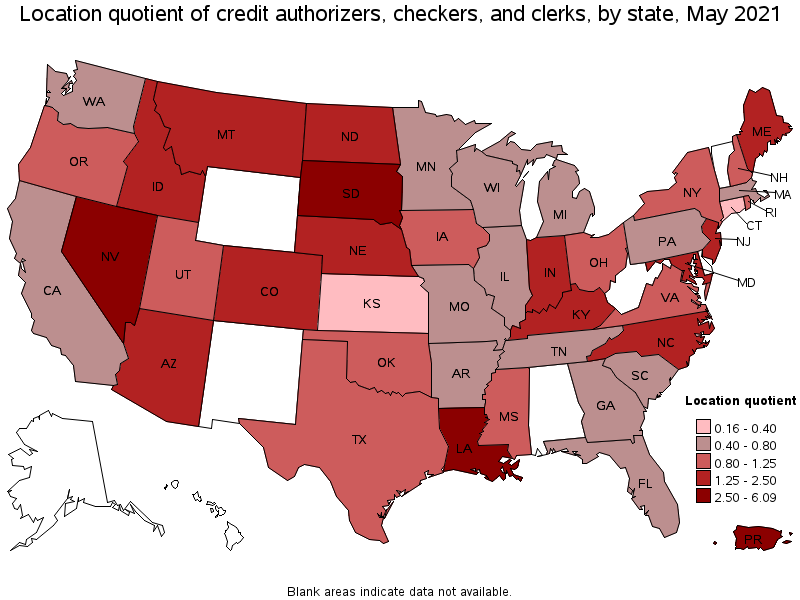 Map of location quotient of credit authorizers, checkers, and clerks by state, May 2021