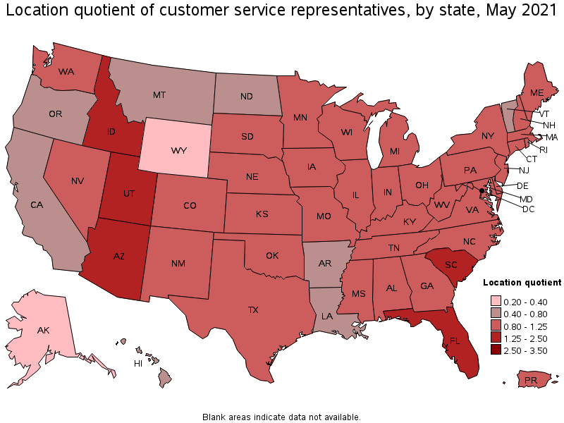 Map of location quotient of customer service representatives by state, May 2021