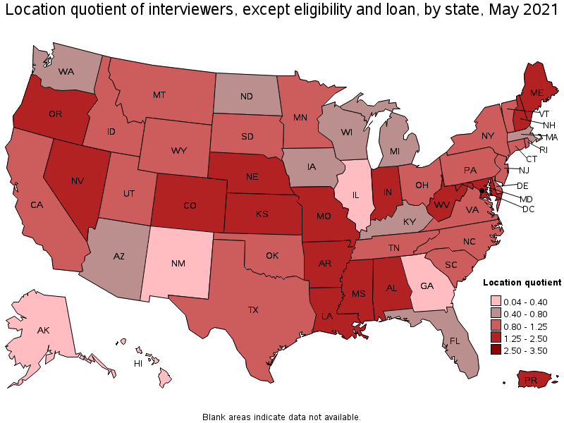 Map of location quotient of interviewers, except eligibility and loan by state, May 2021