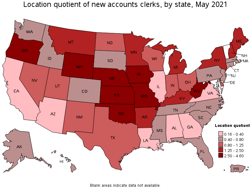 Map of location quotient of new accounts clerks by state, May 2021